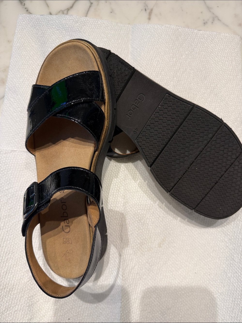 Gabor Black Patent Leather Buckle Slide Sandals - Eu size 40 / size 10